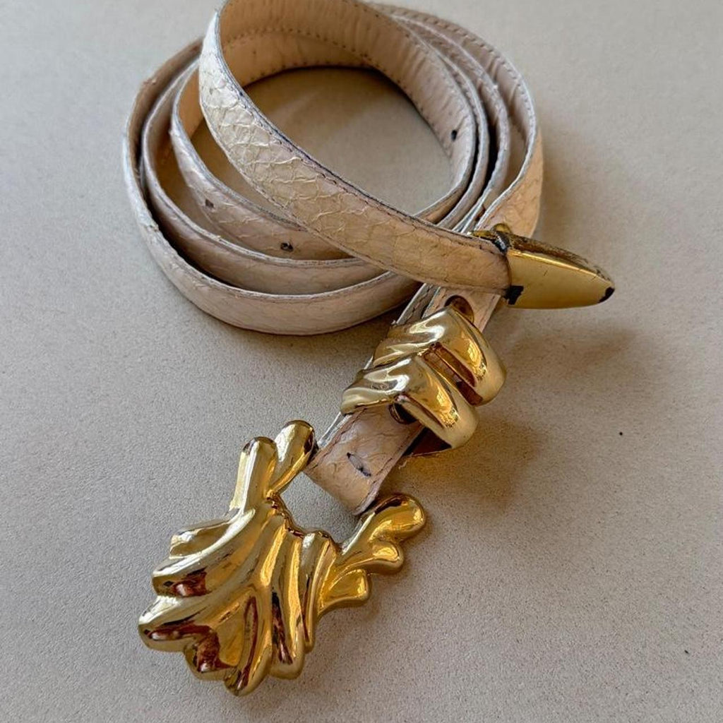 Vintage 1980s White Genuine Snakeskin Belt, Gold Leaf Buckle Statement Belt, 36 in - photo 2