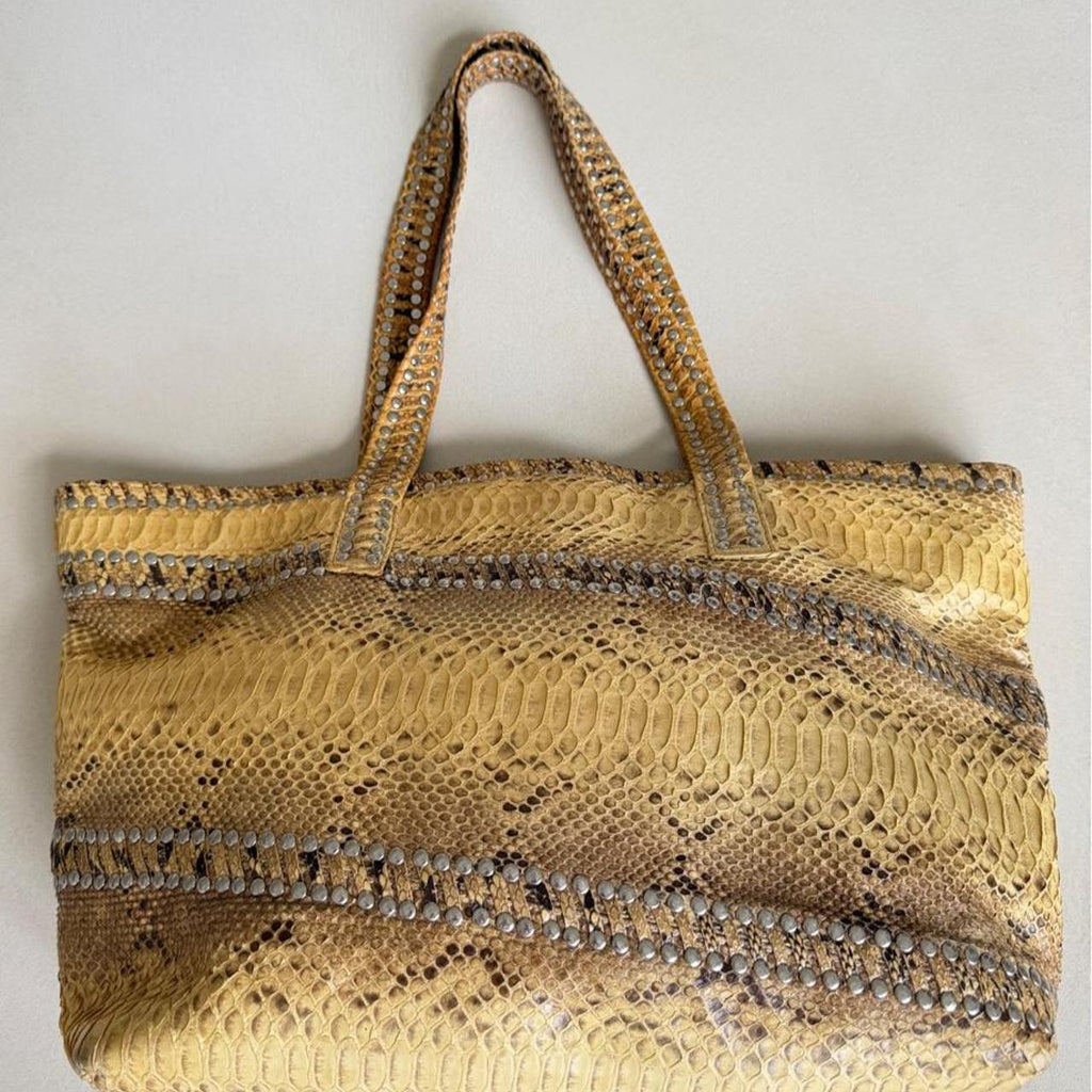 Vintage Carlos Falchi Yellow & Black Python Snakeskin Tote, Large Studded Shoulder Bag