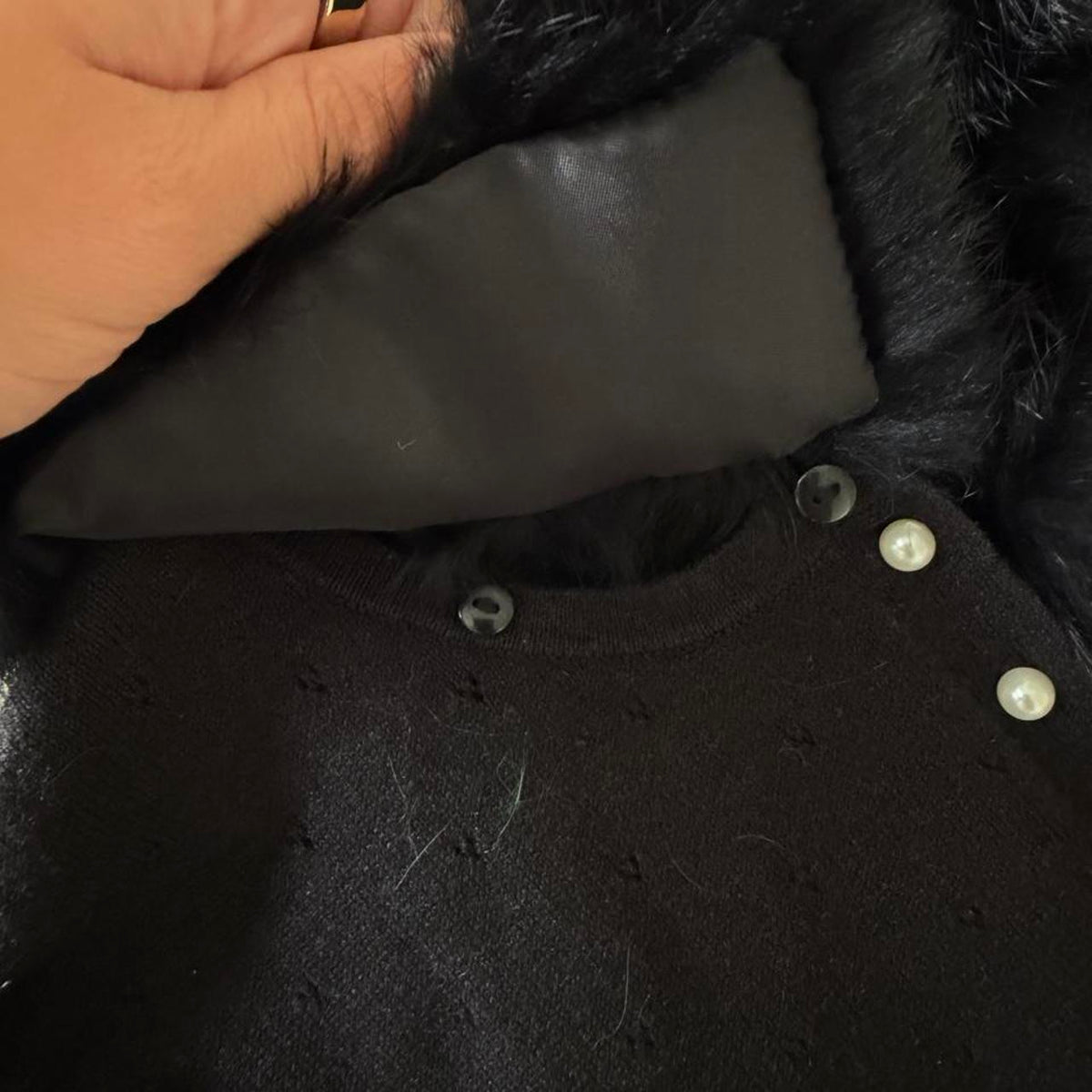 Vintage 90s Black Cinched Waist Sweater with Removable Rabbit Fur Collar, Size M