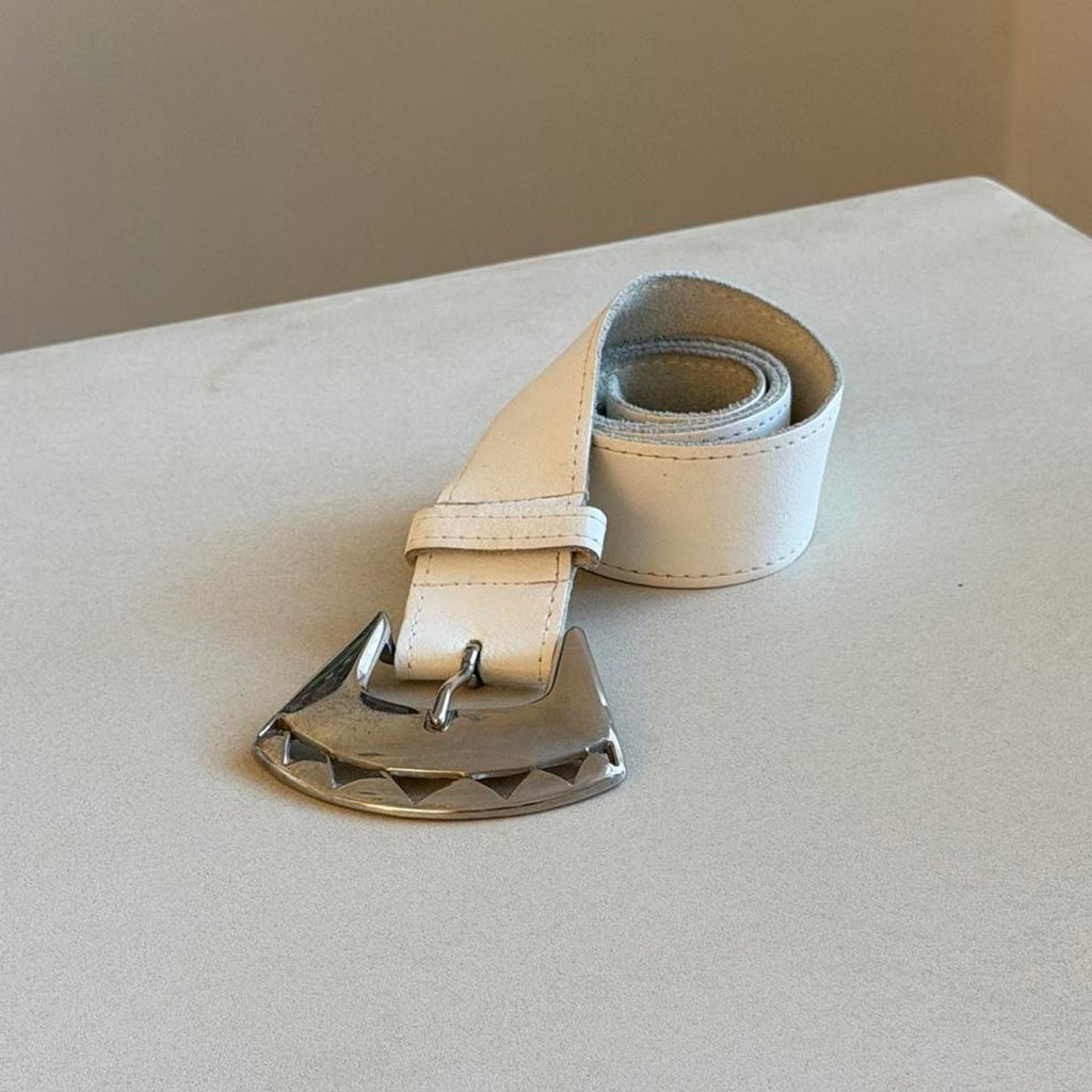 Vintage 80s White Leather Belt, Chunky Silver Sculptural Buckle Belt