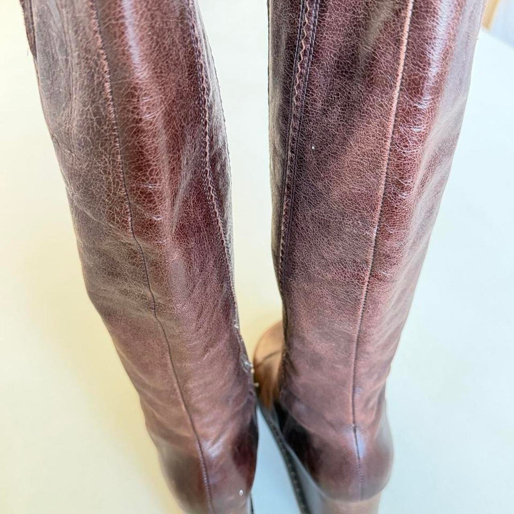 Y2K Miz Mooz Brown Leather Wedge Boots, Vintage Knee High Wooden Wedge Boots Size 6.5