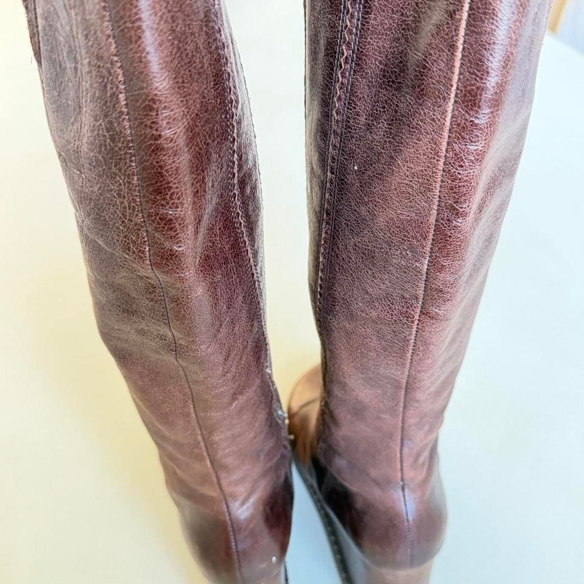 Y2K Miz Mooz Brown Leather Wedge Boots, Vintage Knee High Wooden Wedge Boots Size 6.5