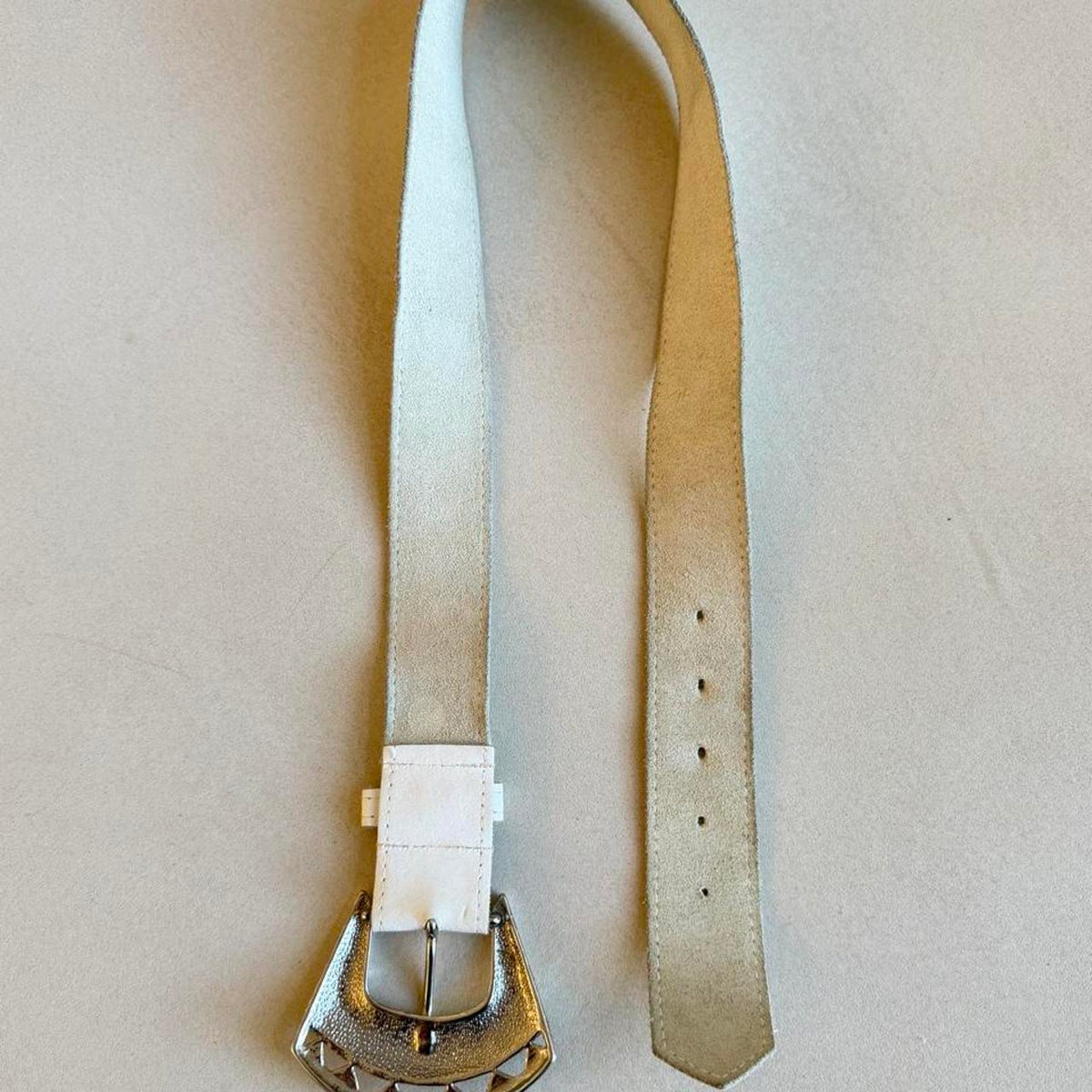 Vintage 80s White Leather Belt, Chunky Silver Sculptural Buckle Belt