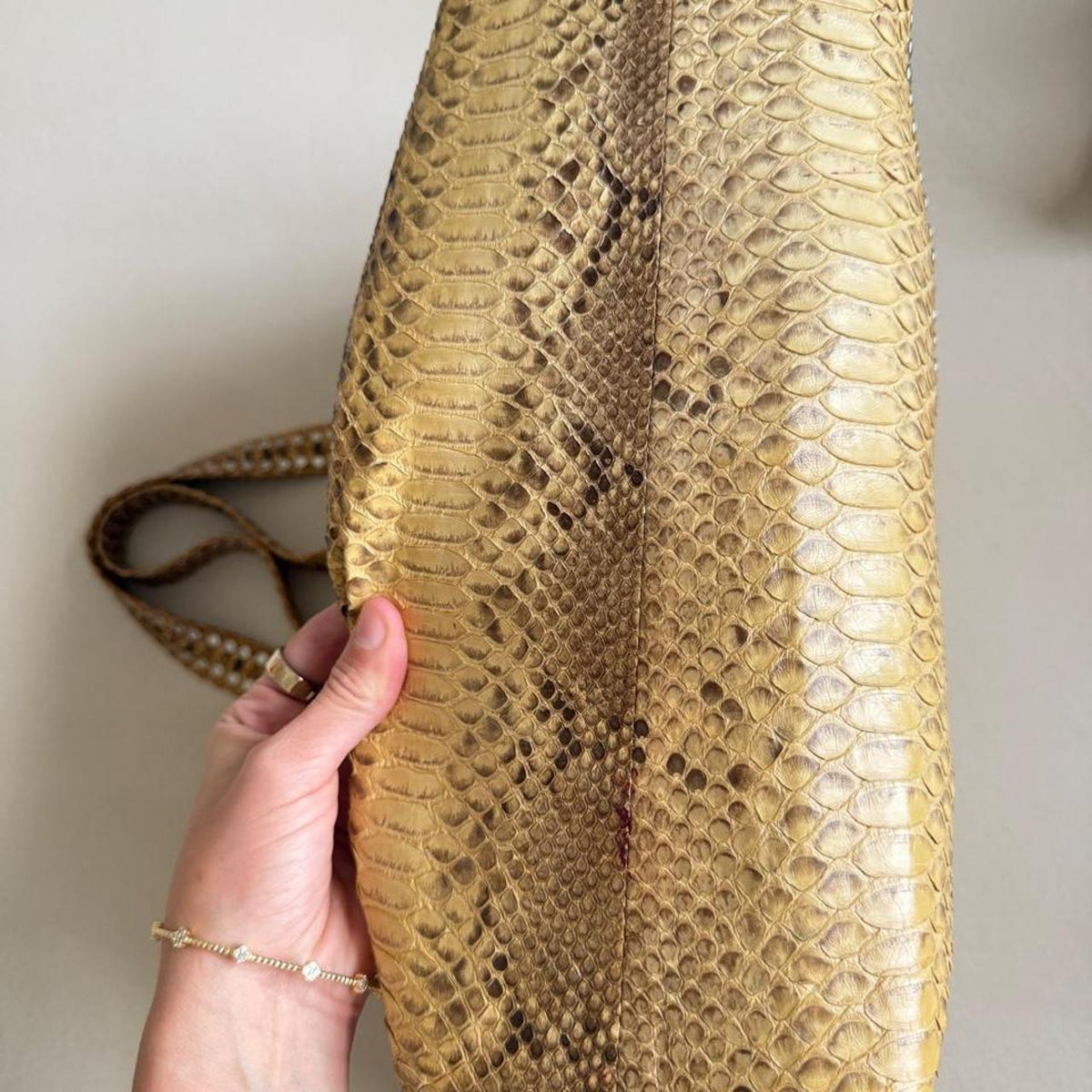 Vintage Carlos Falchi Yellow & Black Python Snakeskin Tote, Large Studded Shoulder Bag