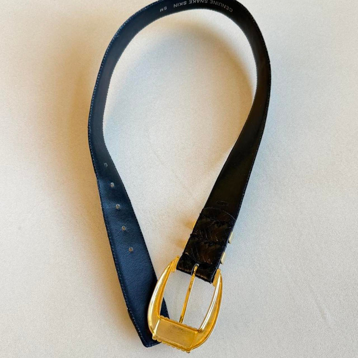 Vintage 1980s Black Genuine Snakeskin Belt, Sculptural Gold Buckle Statement Belt