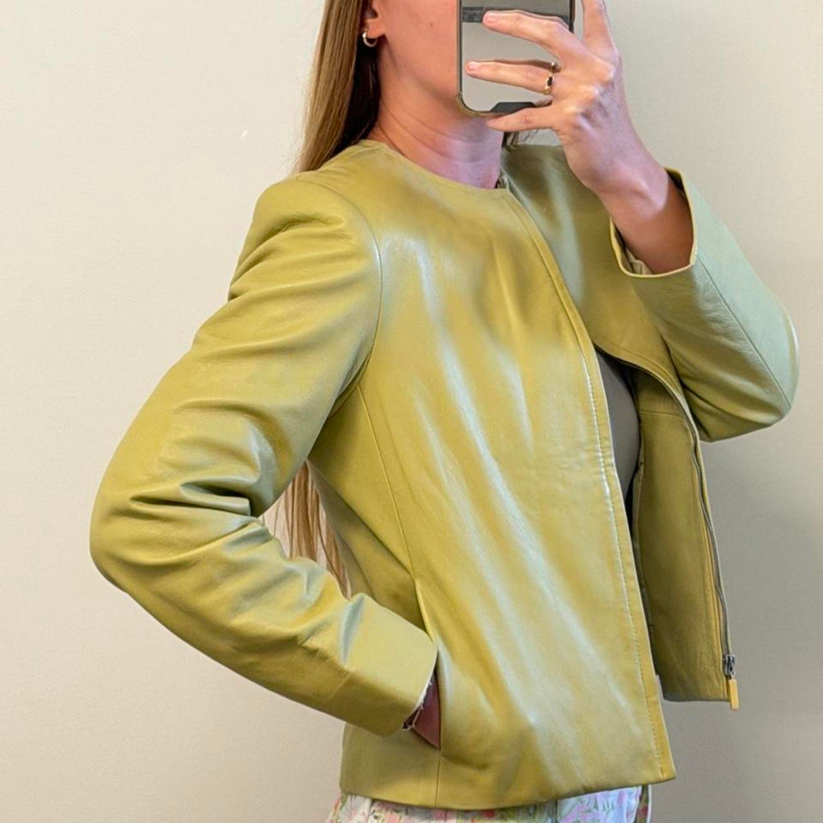 Vintage 90s Rena Rowan lime green collarless genuine leather jacket size 4 petite - photo 2