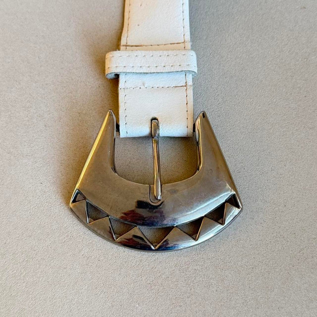 Vintage 80s White Leather Belt, Chunky Silver Sculptural Buckle Belt