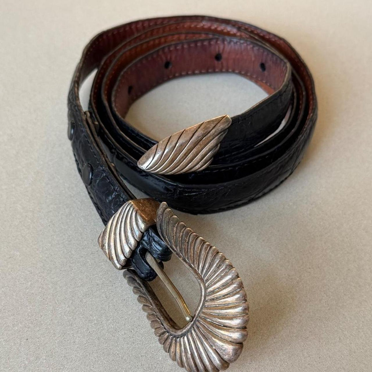 Vintage Douglas Magnus Black American Alligator Belt, Sterling Silver Buckle, 39 in
