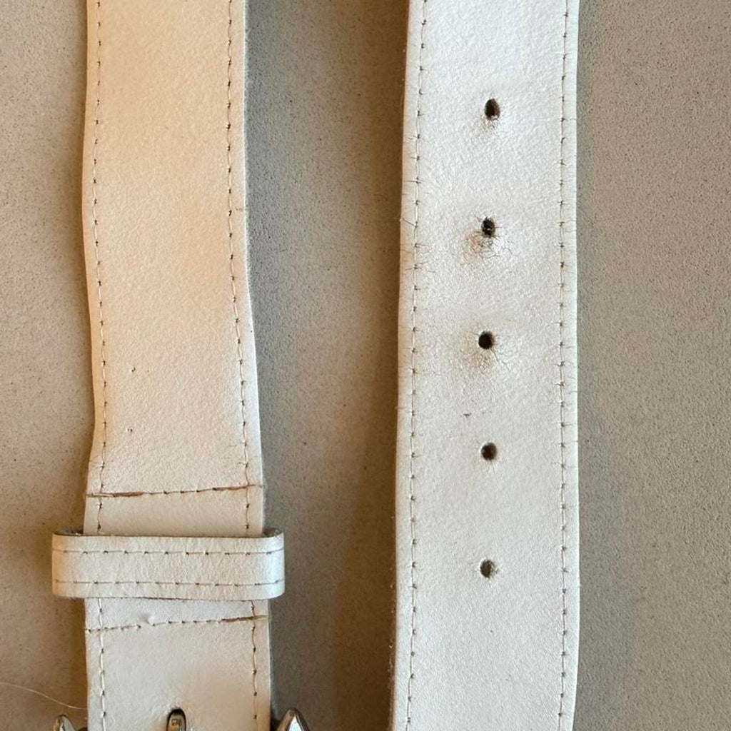Vintage 80s White Leather Belt, Chunky Silver Sculptural Buckle Belt