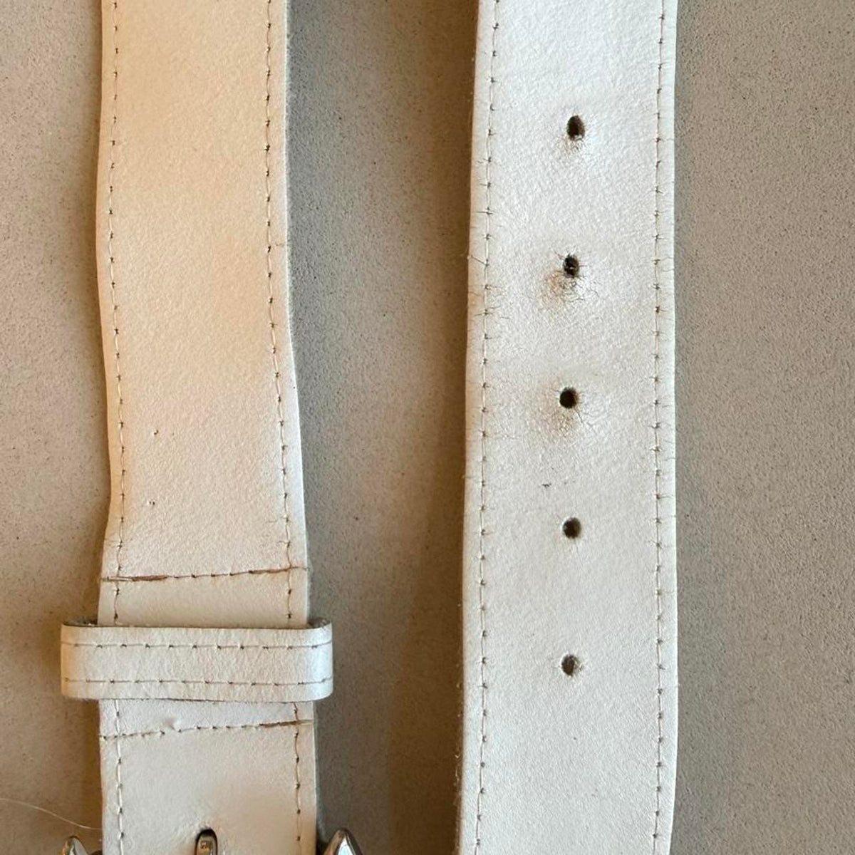 Vintage 80s White Leather Belt, Chunky Silver Sculptural Buckle Belt