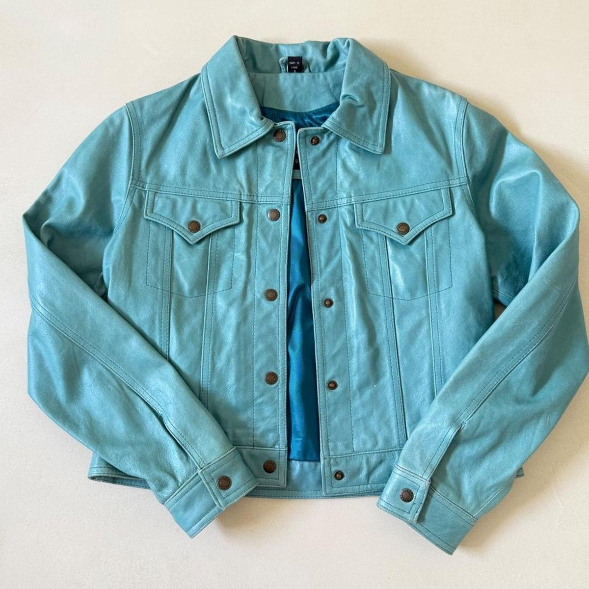 Vintage turquoise teal blue genuine leather trucker jacket size medium