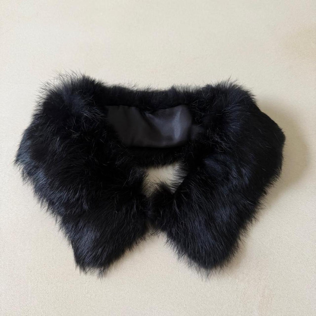 Vintage 90s Black Cinched Waist Sweater with Removable Rabbit Fur Collar, Size M
