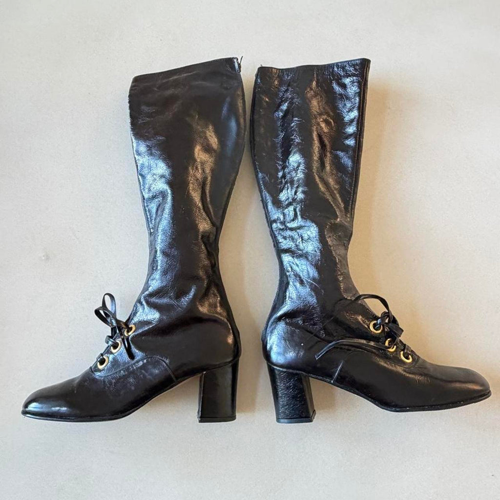 Vintage 1960s Black Patent Leather Mod Go-Go Boots, Deadstock Knee High Boots Size 6.5