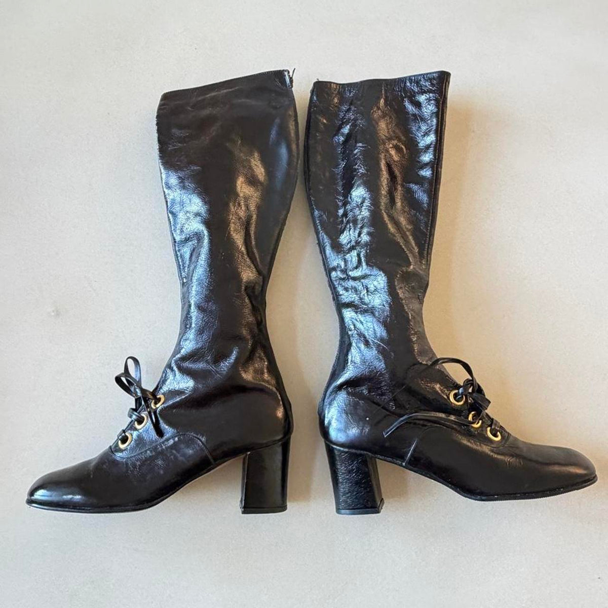 Vintage 1960s Black Patent Leather Mod Go-Go Boots, Deadstock Knee High Boots Size 6.5