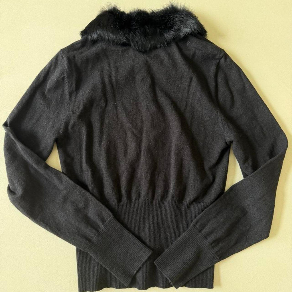 Vintage 90s Black Cinched Waist Sweater with Removable Rabbit Fur Collar, Size M