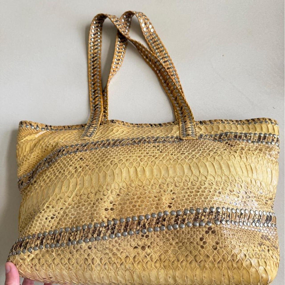 Vintage Carlos Falchi Yellow & Black Python Snakeskin Tote, Large Studded Shoulder Bag