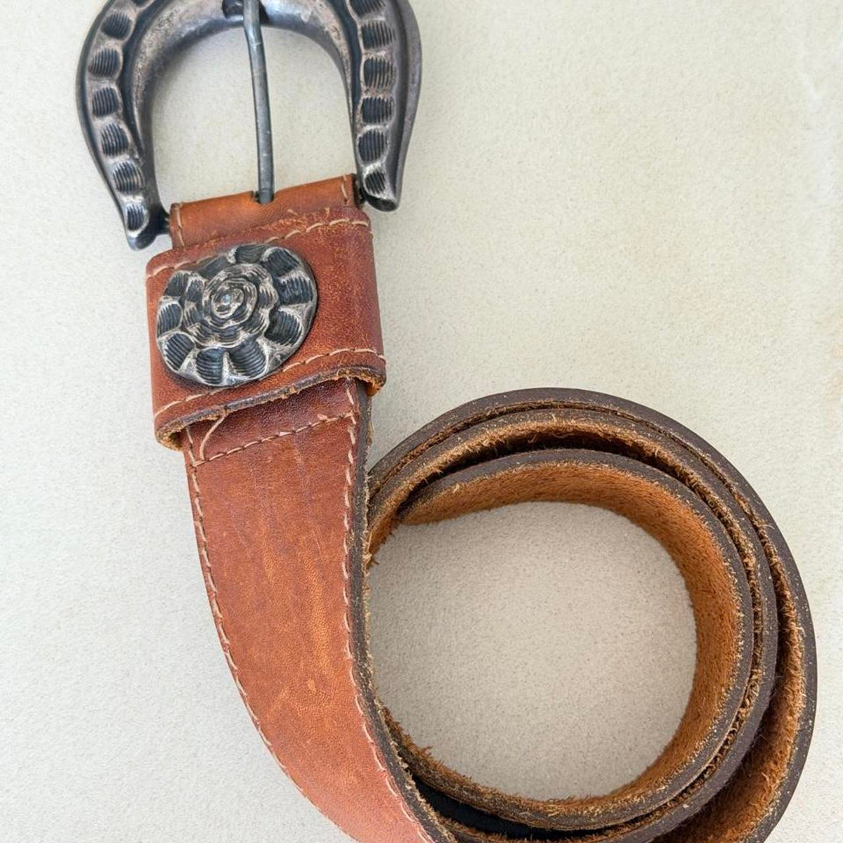 Vintage Western Brown Genuine Leather Belt with Silver Floral Buckle - photo 1