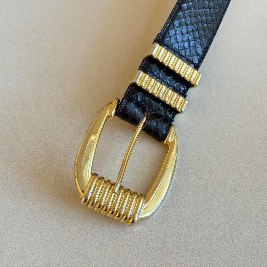 Vintage 1980s Black Genuine Snakeskin Belt, Sculptural Gold Buckle Statement Belt