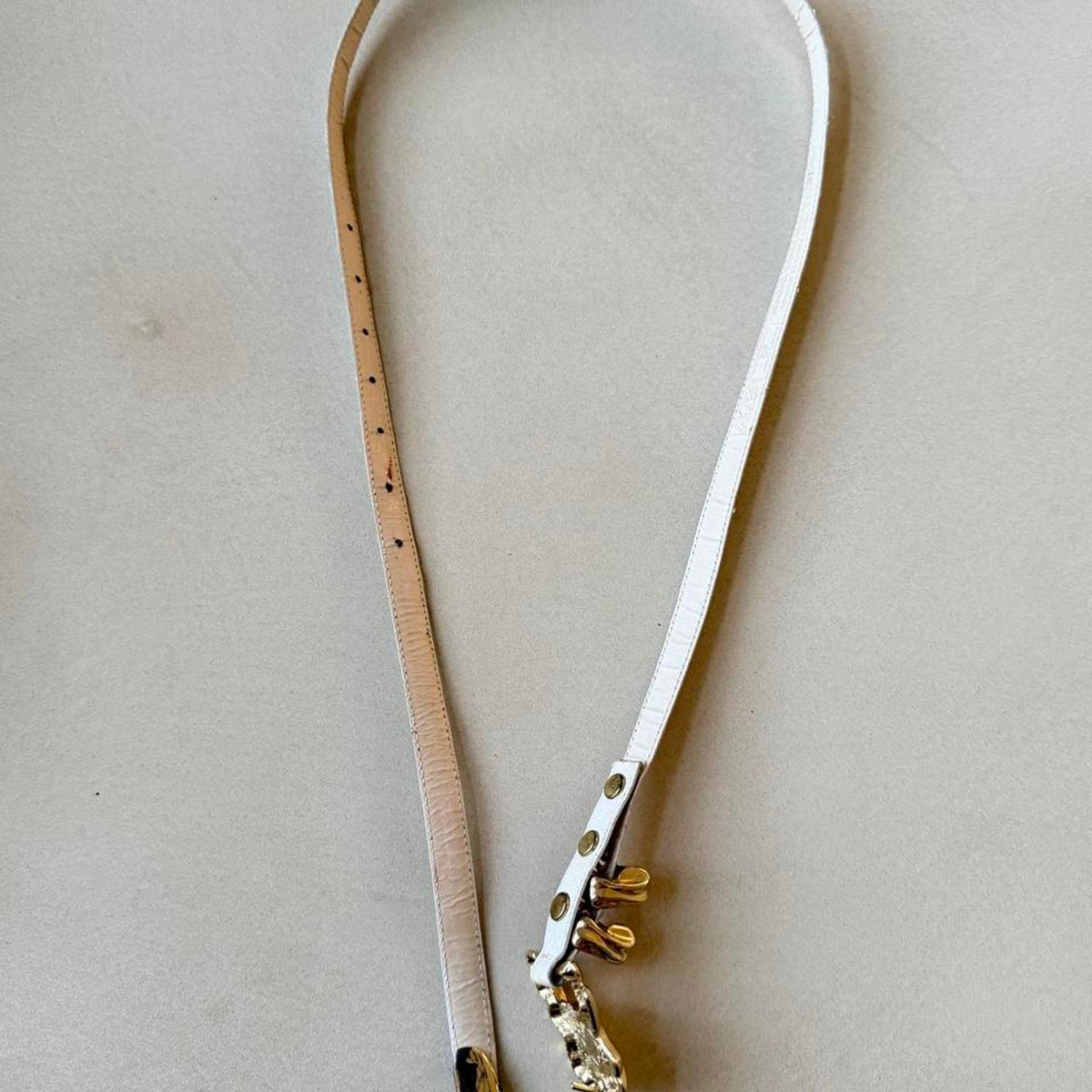 Vintage 1980s White Genuine Snakeskin Belt, Gold Leaf Buckle Statement Belt, 36 in - photo 3