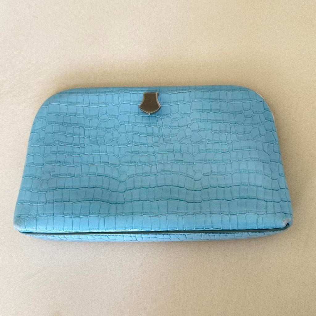 Vintage baby blue croc embossed genuine cowhide leather clutch with silver detail - photo 3