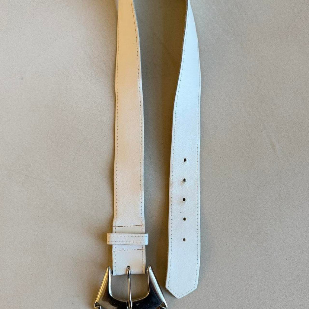 Vintage 80s White Leather Belt, Chunky Silver Sculptural Buckle Belt