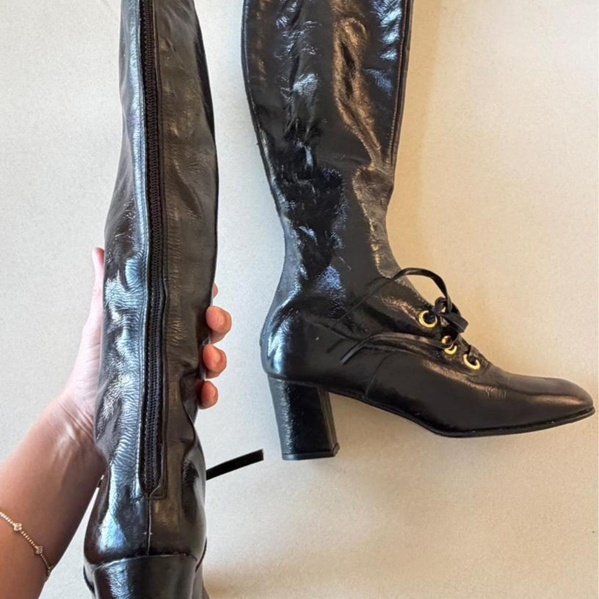 Vintage 1960s Black Patent Leather Mod Go-Go Boots, Deadstock Knee High Boots Size 6.5