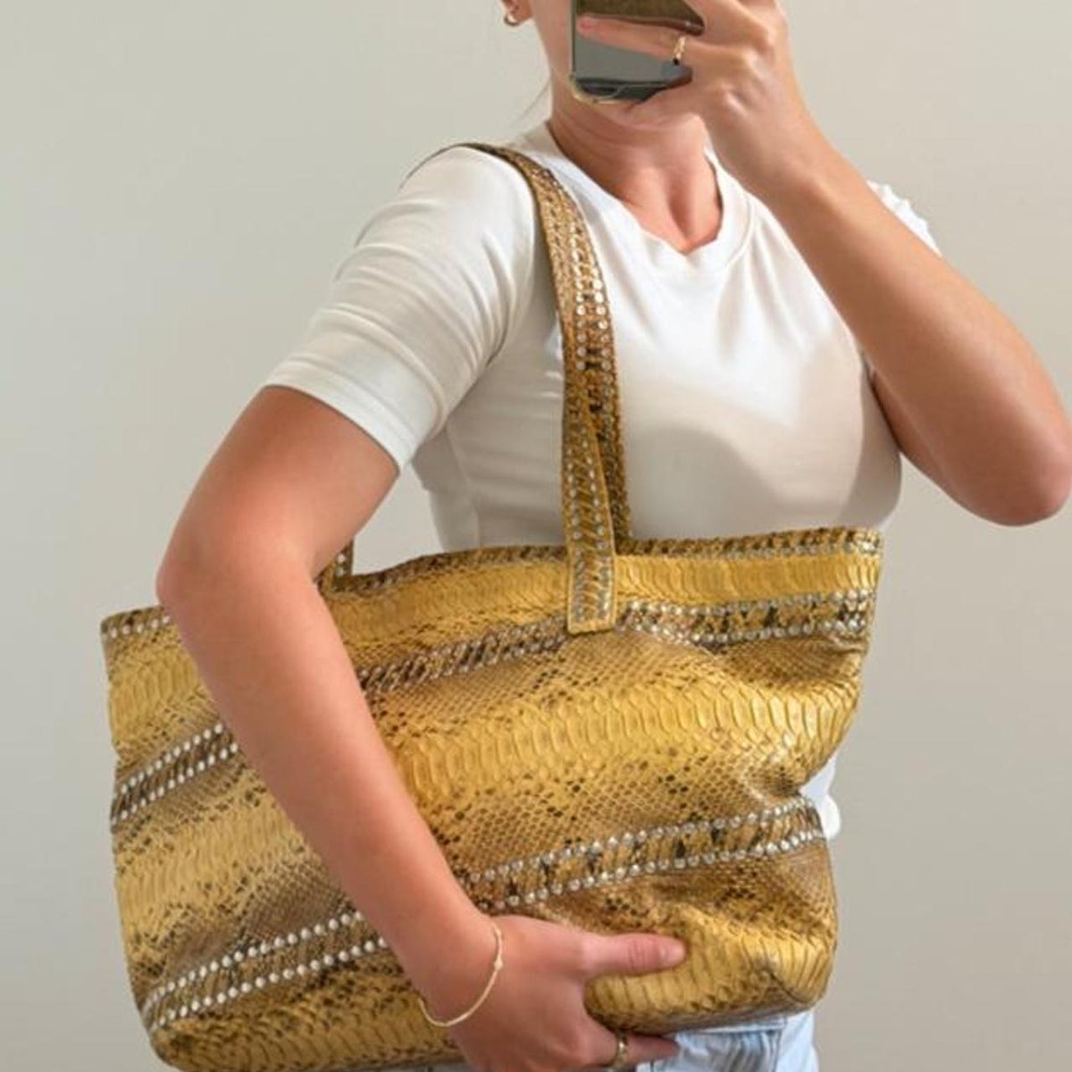 Vintage Carlos Falchi Yellow & Black Python Snakeskin Tote, Large Studded Shoulder Bag