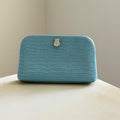 Vintage baby blue croc embossed genuine cowhide leather clutch with silver detail