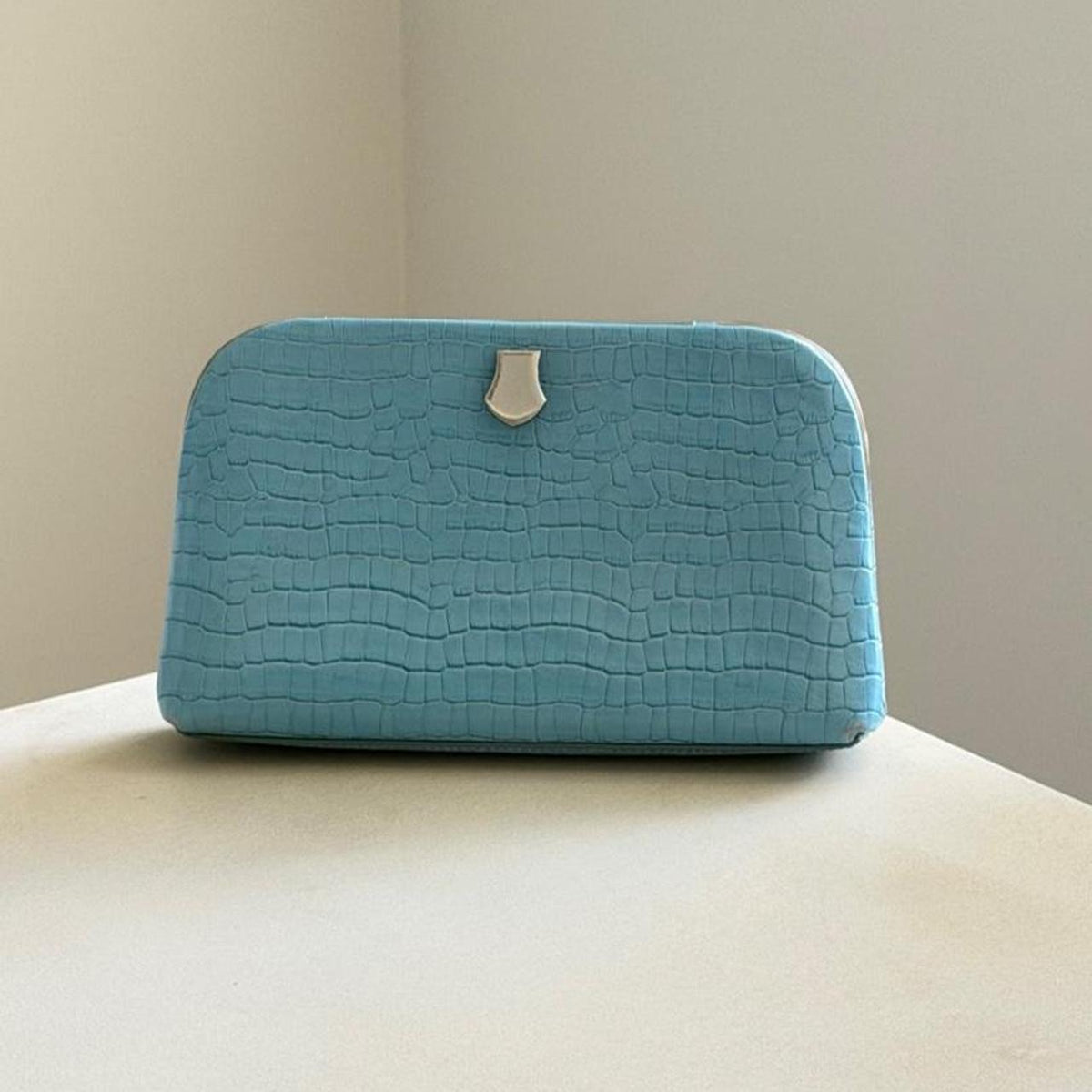 Vintage baby blue croc embossed genuine cowhide leather clutch with silver detail