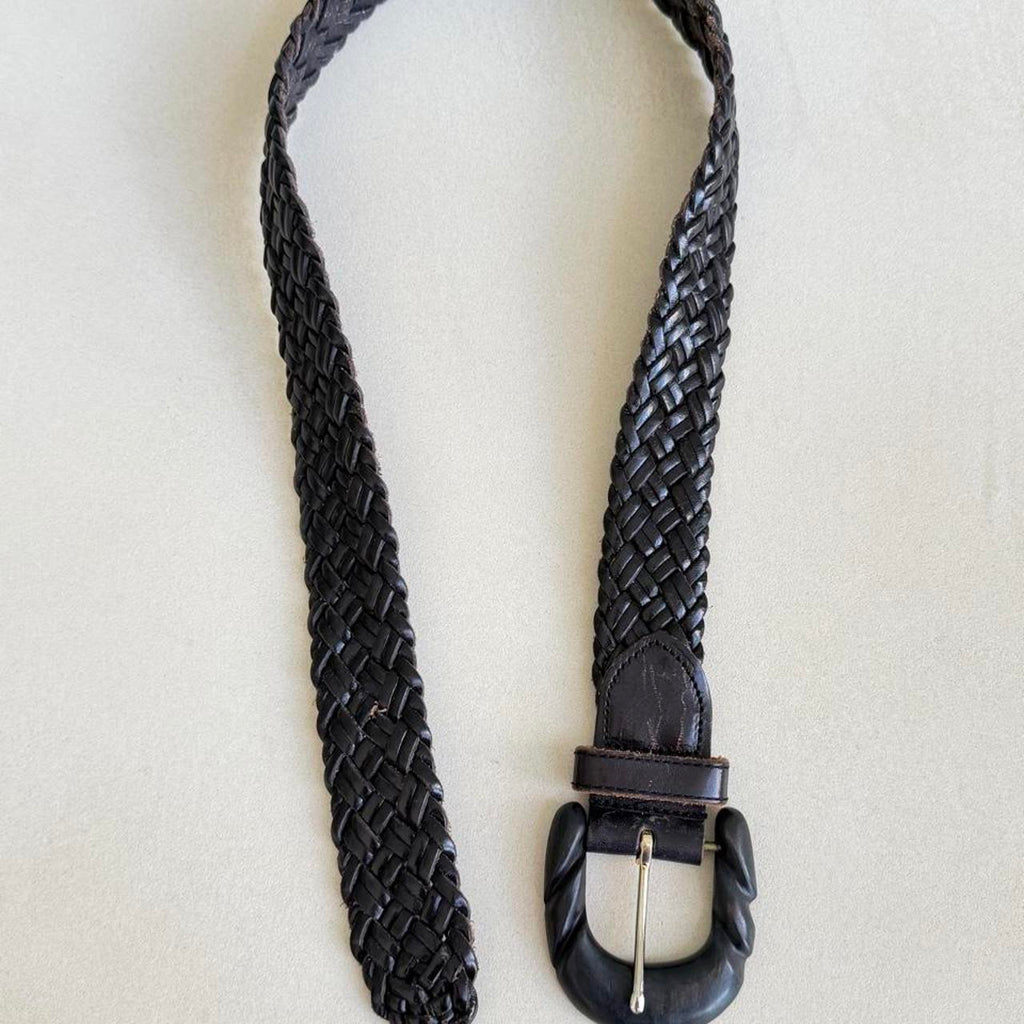 Vintage Braided Dark Brown Genuine Leather Belt with Wooden Buckle - photo 3