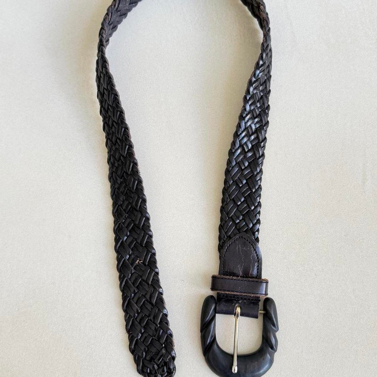 Vintage Braided Dark Brown Genuine Leather Belt with Wooden Buckle - photo 3