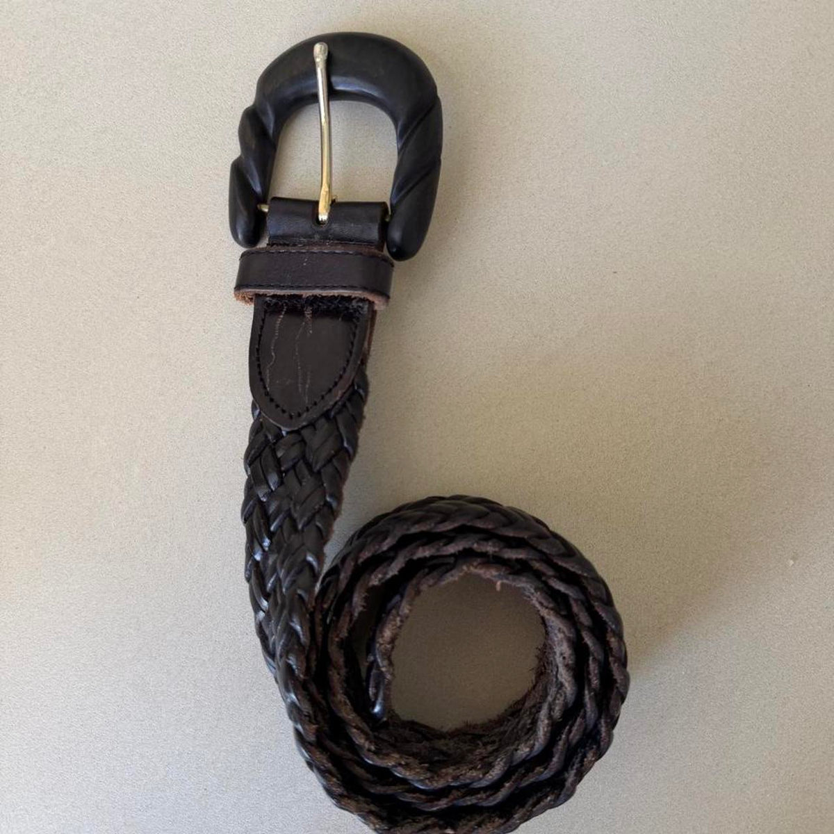 Vintage Braided Dark Brown Genuine Leather Belt with Wooden Buckle - photo 1