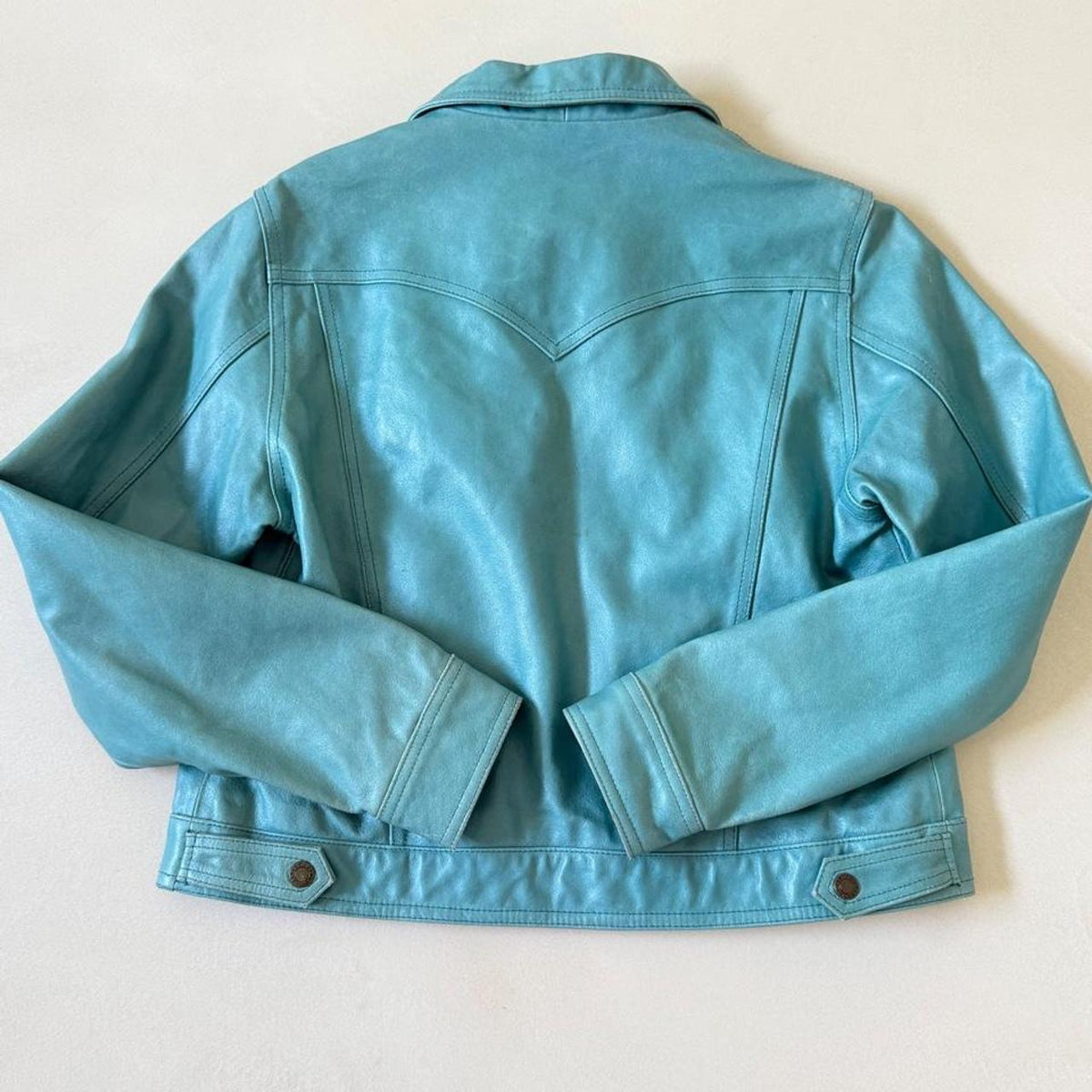 Vintage turquoise teal blue genuine leather trucker jacket size medium - photo 2