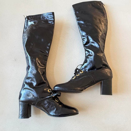 Vintage 1960s Black Patent Leather Mod Go-Go Boots, Deadstock Knee High Boots Size 6.5