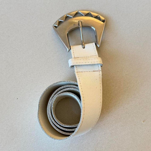Vintage 80s White Leather Belt, Chunky Silver Sculptural Buckle Belt