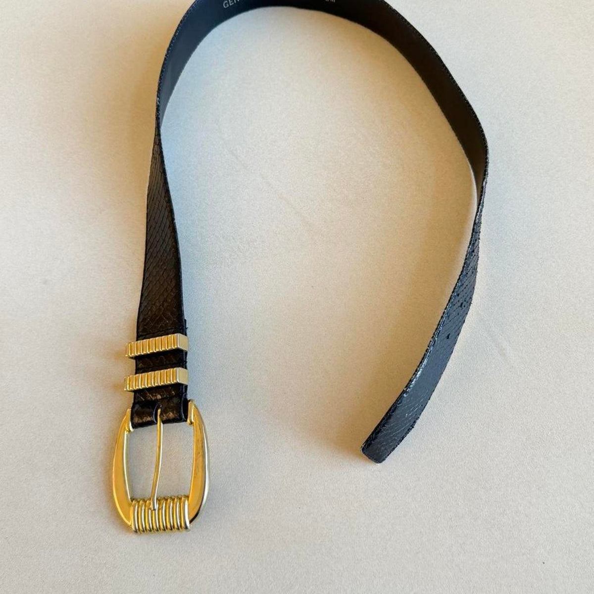 Vintage 1980s Black Genuine Snakeskin Belt, Sculptural Gold Buckle Statement Belt