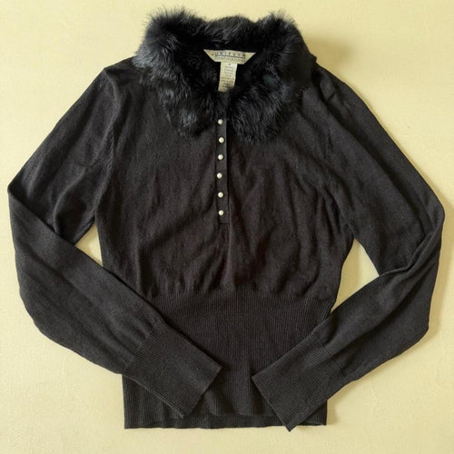 Vintage 90s Black Cinched Waist Sweater with Removable Rabbit Fur Collar, Size M