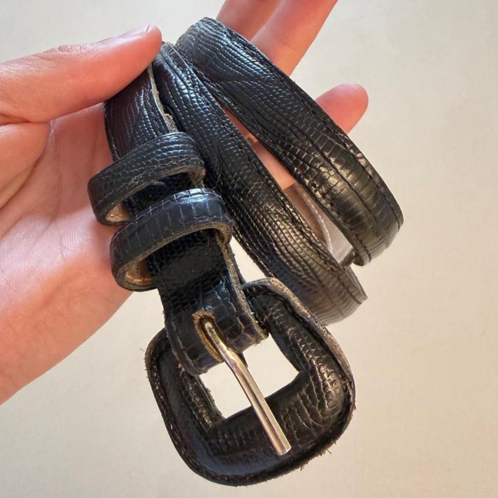Vintage Black Croc Embossed Leather Belt with Silver Details, Made in USA, 32 in