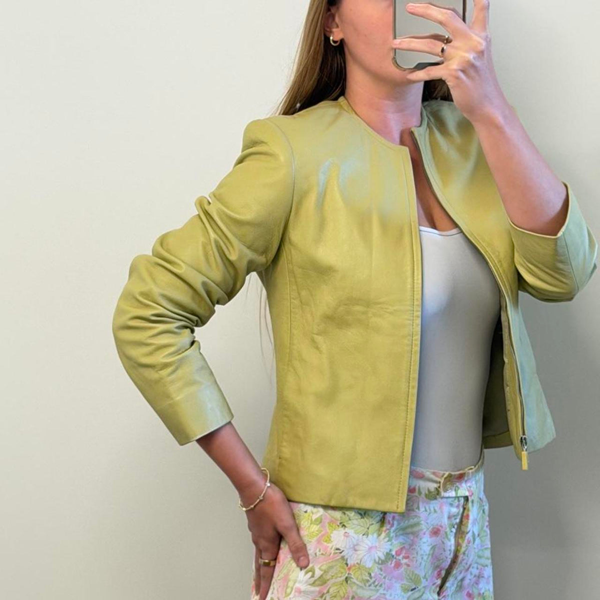 Vintage 90s Rena Rowan lime green collarless genuine leather jacket size 4 petite - photo 5