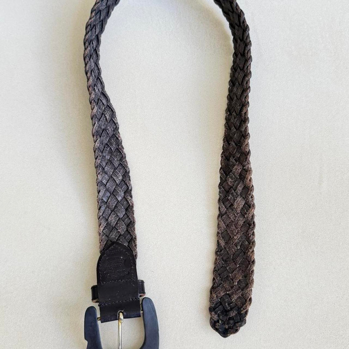 Vintage Braided Dark Brown Genuine Leather Belt with Wooden Buckle - photo 4