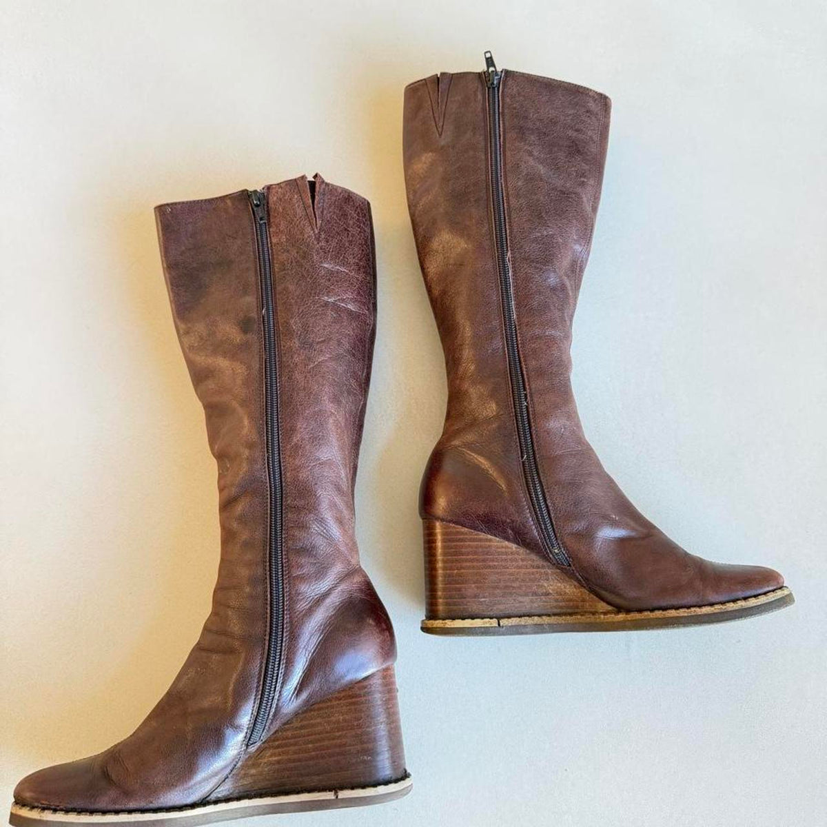 Y2K Miz Mooz Brown Leather Wedge Boots, Vintage Knee High Wooden Wedge Boots Size 6.5