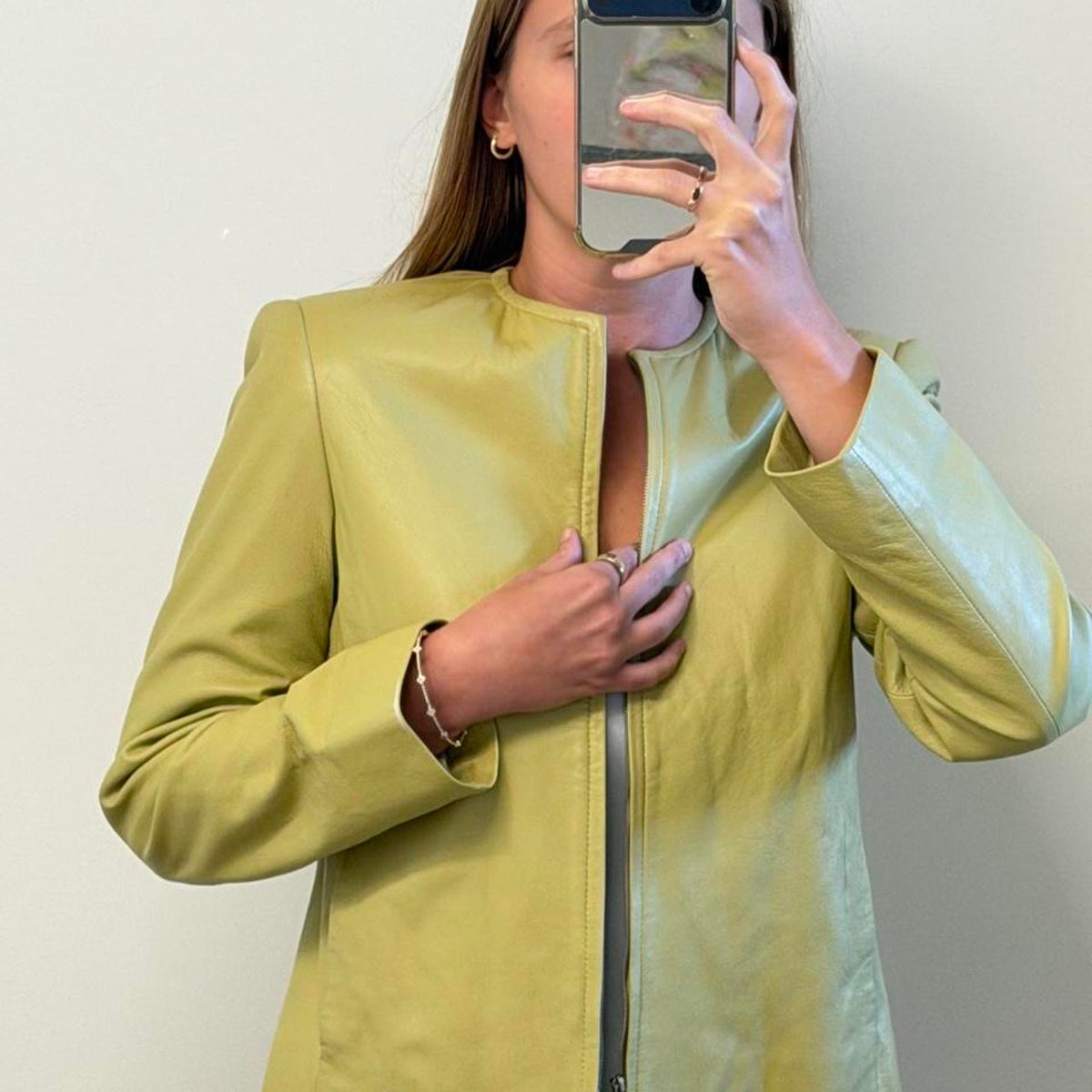 Vintage 90s Rena Rowan lime green collarless genuine leather jacket size 4 petite - photo 3