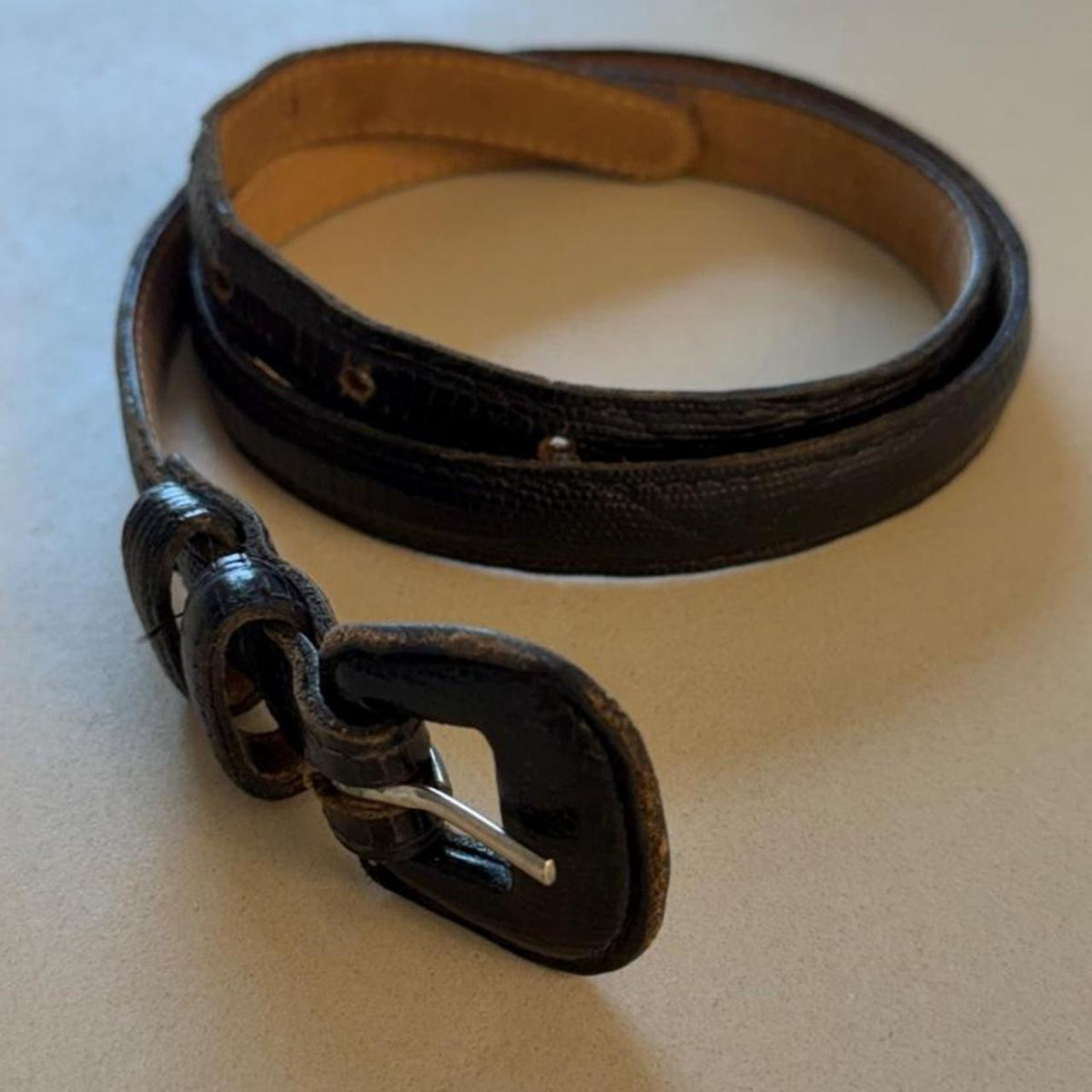 Vintage Black Croc Embossed Leather Belt with Silver Details, Made in USA, 32 in - photo 2