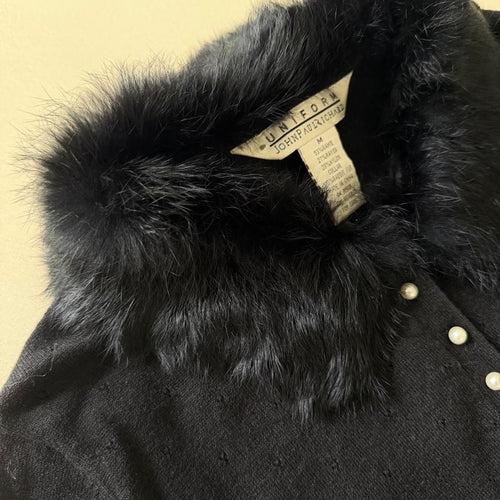 Vintage 90s Black Cinched Waist Sweater with Removable Rabbit Fur Collar, Size M