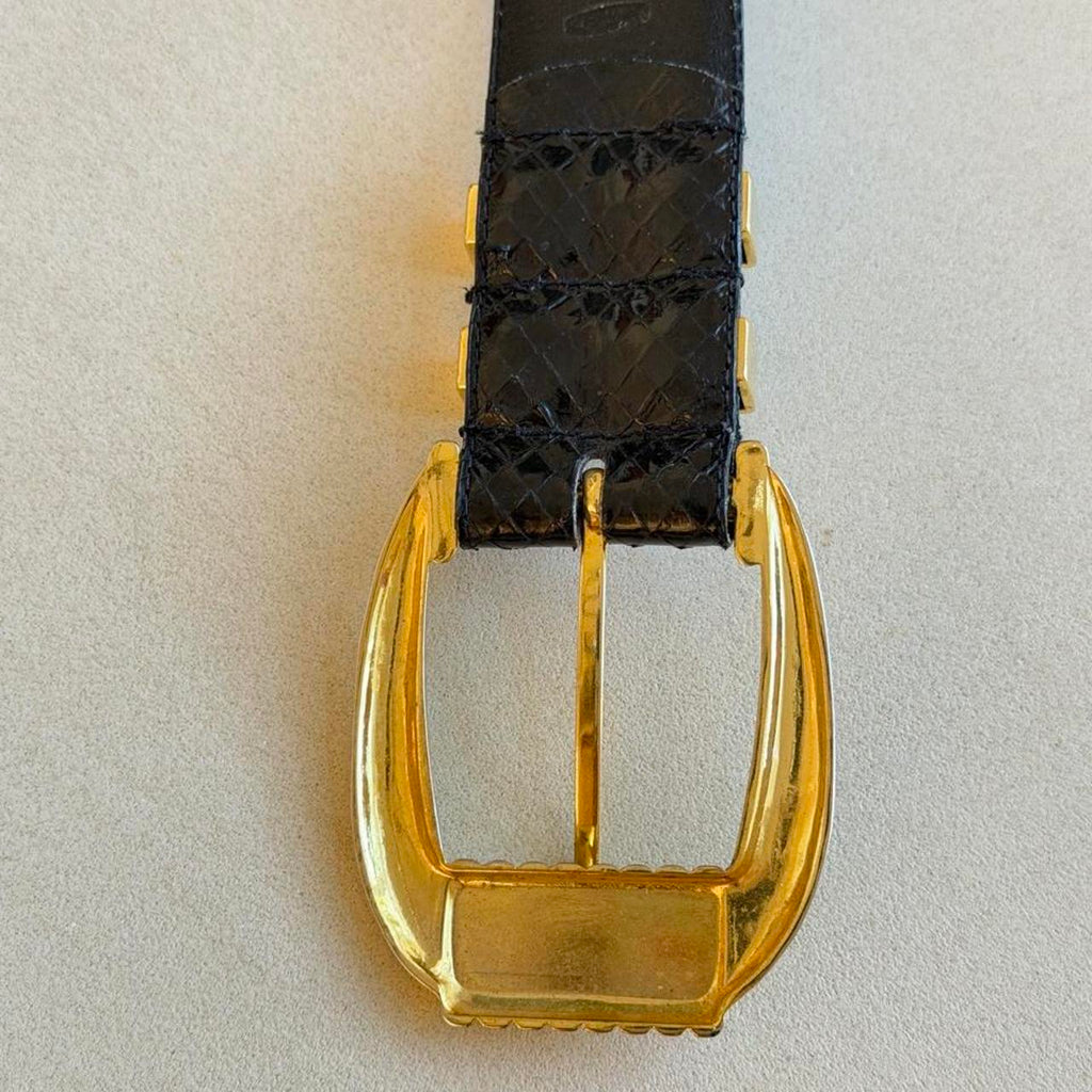 Vintage 1980s Black Genuine Snakeskin Belt, Sculptural Gold Buckle Statement Belt