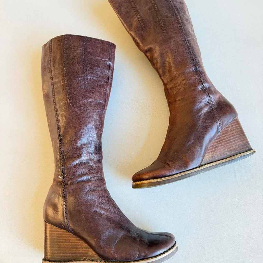 Y2K Miz Mooz Brown Leather Wedge Boots, Vintage Knee High Wooden Wedge Boots Size 6.5