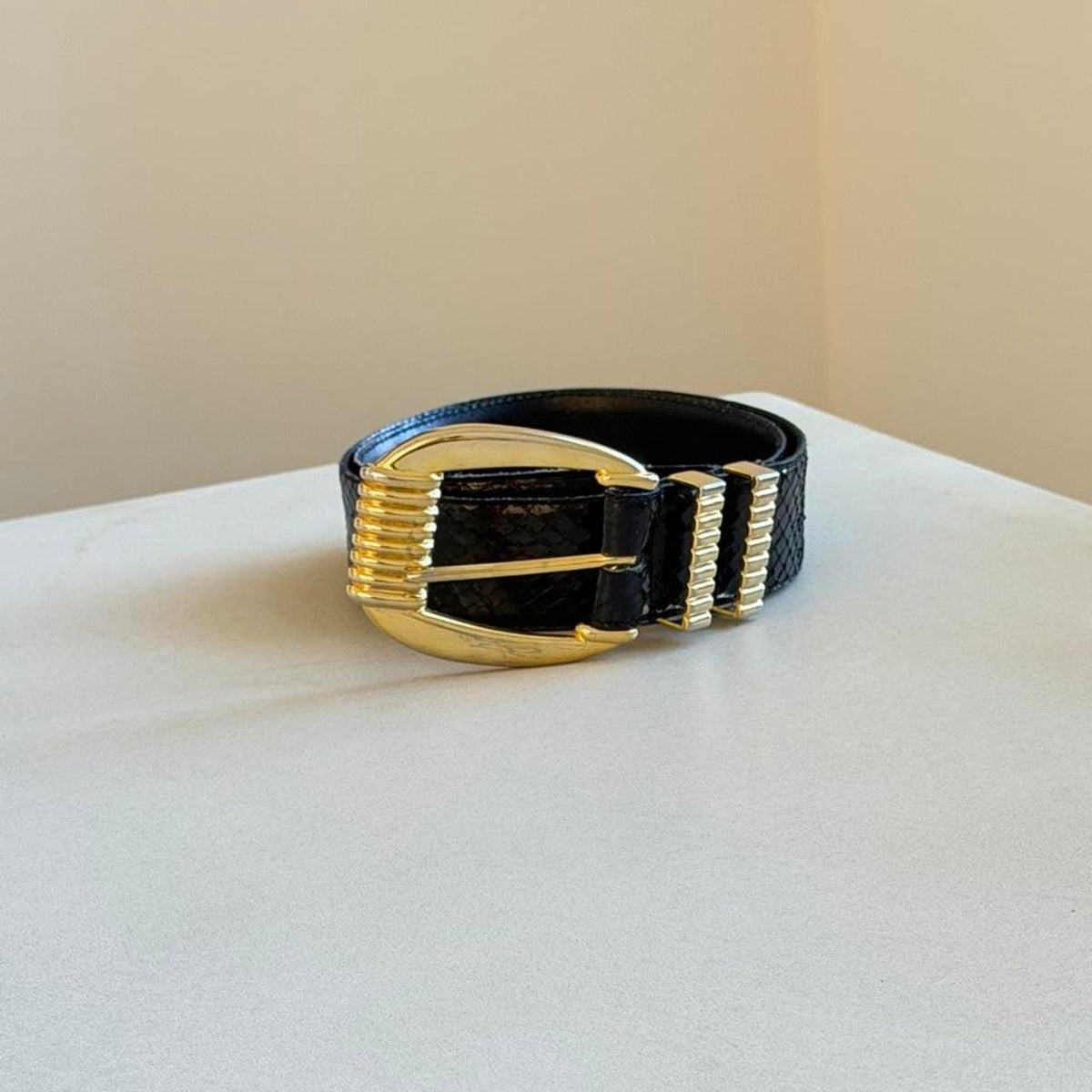 Vintage 1980s Black Genuine Snakeskin Belt, Sculptural Gold Buckle Statement Belt