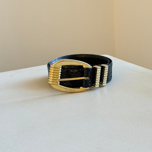Vintage 1980s Black Genuine Snakeskin Belt, Sculptural Gold Buckle Statement Belt
