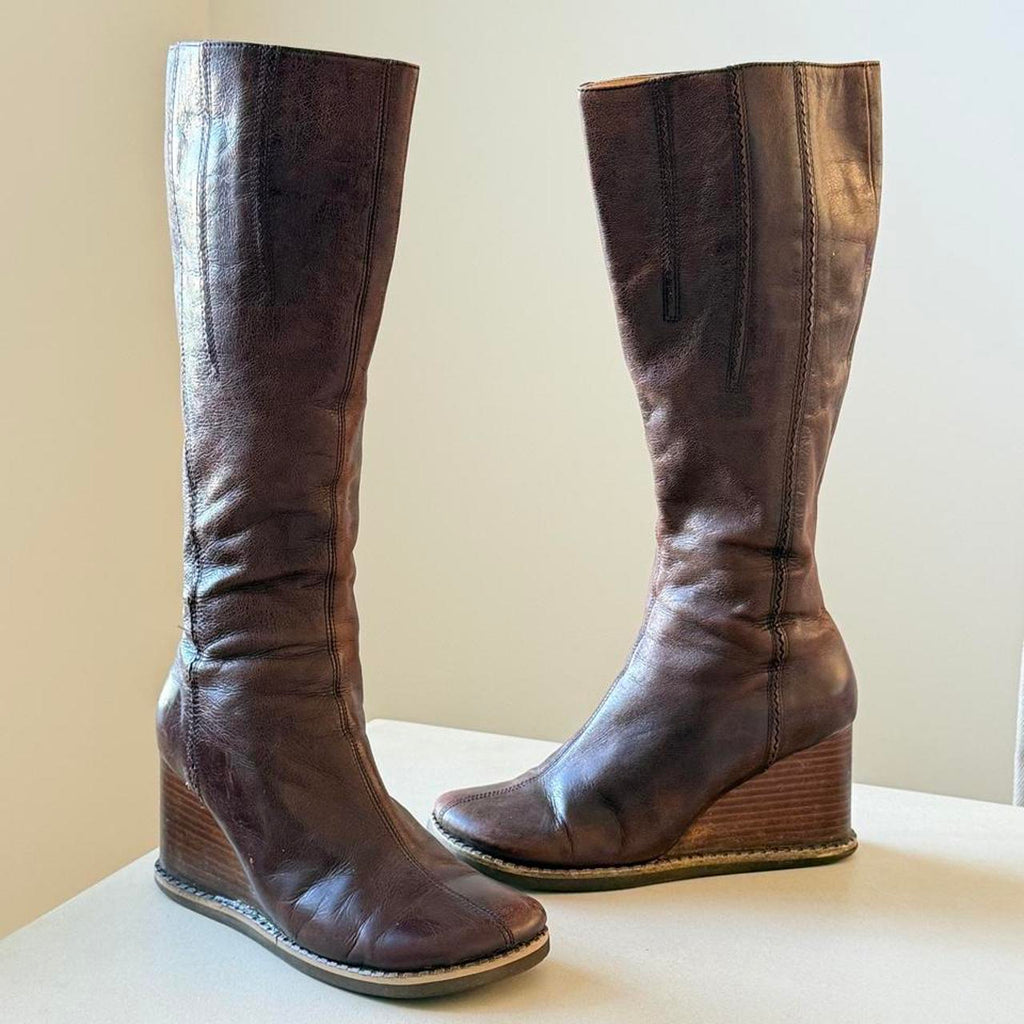 Y2K Miz Mooz Brown Leather Wedge Boots, Vintage Knee High Wooden Wedge Boots Size 6.5