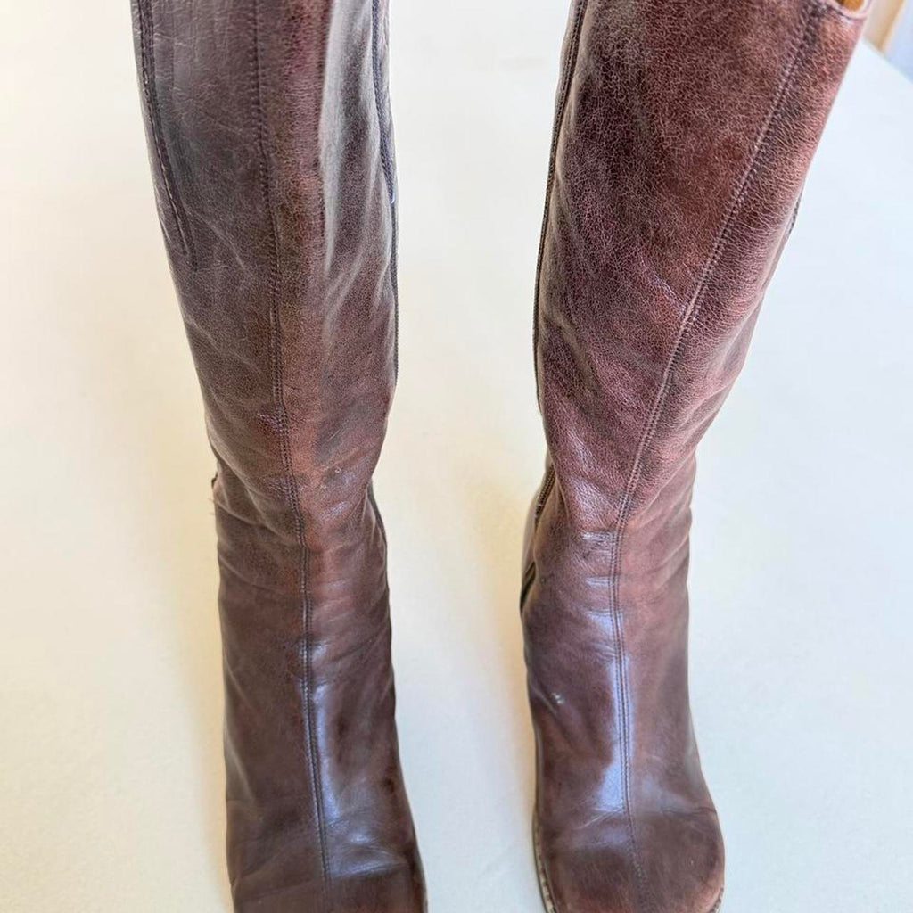 Y2K Miz Mooz Brown Leather Wedge Boots, Vintage Knee High Wooden Wedge Boots Size 6.5